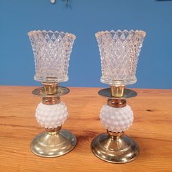 Vtg Pair Hobnail Taper Candle Holders White Gold Tone Metal Holiday Tablescape