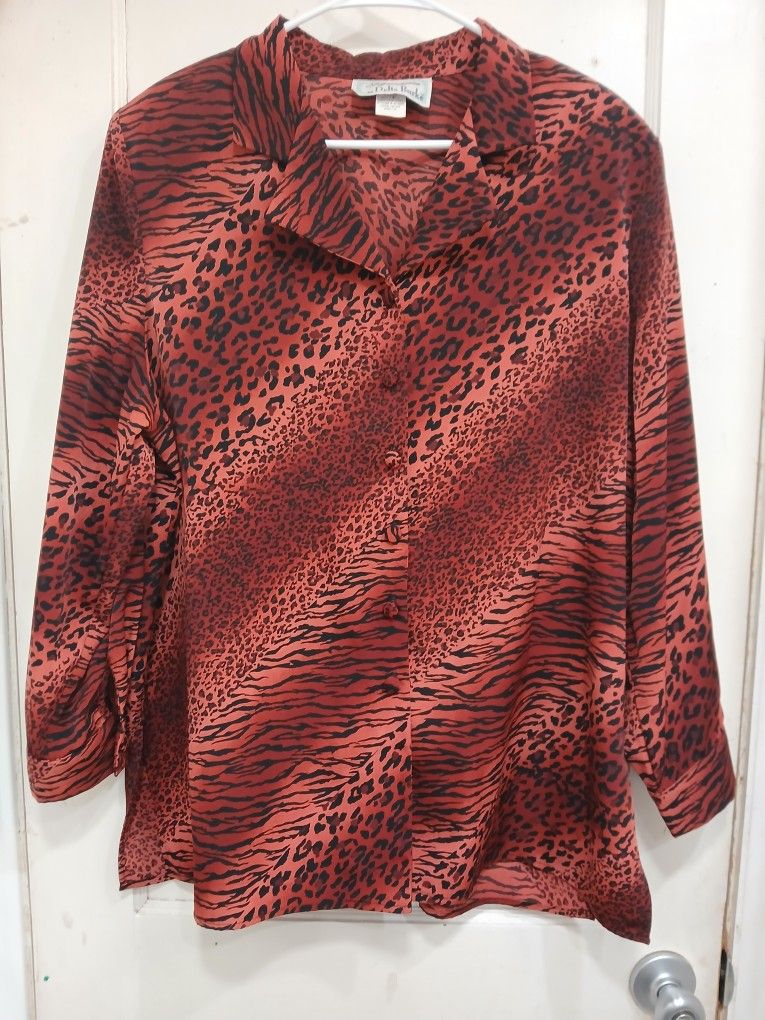 Vintage Delta Burke Zebra Leopard Print Long Sleeve Button Down 1X Women's