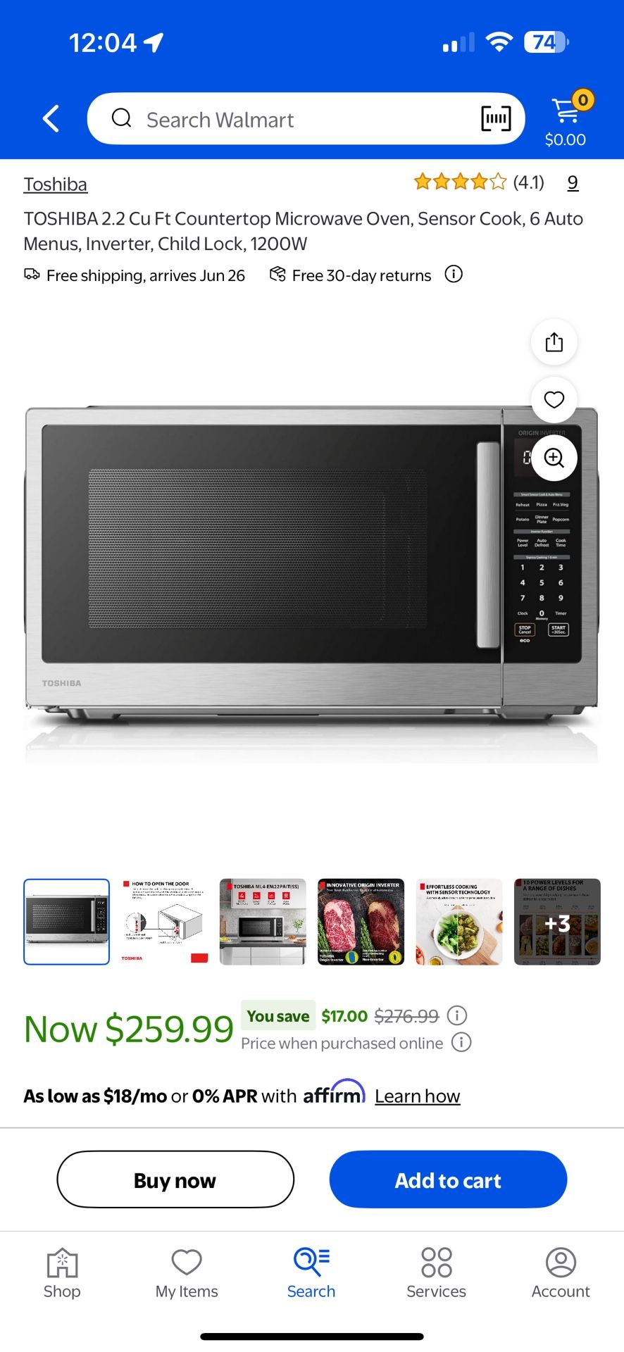 Toshiba 2.2 Cubic Feet Microwave