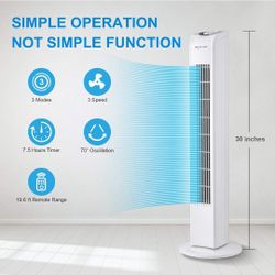 30'' Bladeless Tower Fan - 30 Inch Portable Tower Fan with Remote, 7.5 Hours Timer, 70° oscillation, Compact Size, 3 Modes and 3 Speed Settings, Safe