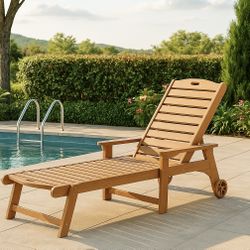 Lounge Chair with Wheels for Poolside, Backyard, Teak Color 