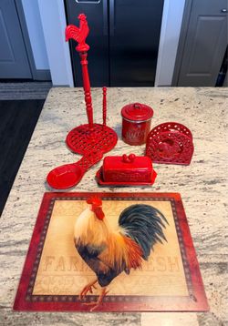 6 piece red rooster kitchen set