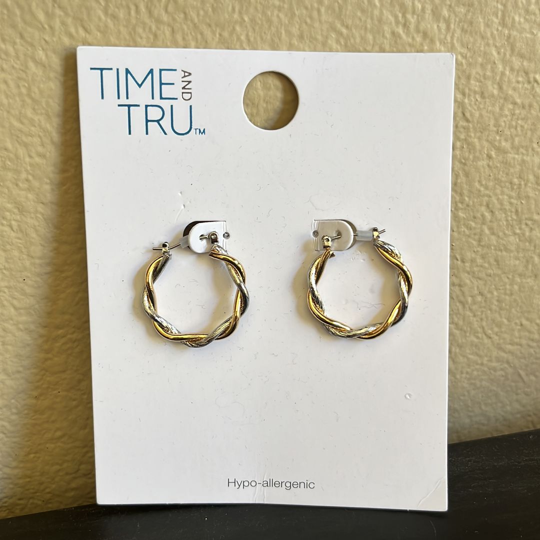 NEW - Gold/silver colored twist hoop earrings by Time & Tru