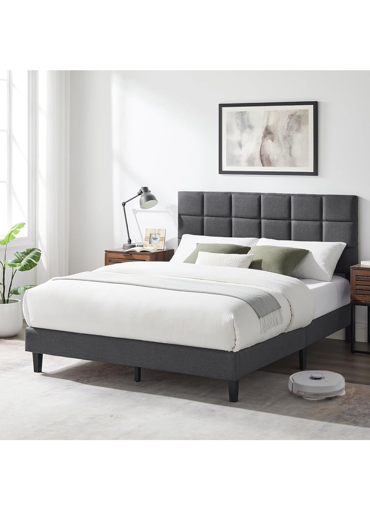 Queen Size Bed Frame with Upholstered Headboard, Linen Fabric and Wooden Slats Support, No-Noise, Easy to Assemble, No Box Spring Needed with 1000LBS,