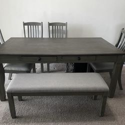 6-Piece Modern Dining Set for Dining Room, Rectangular Table w/ Storage 6 Drawers, Bench & 4 Chairs