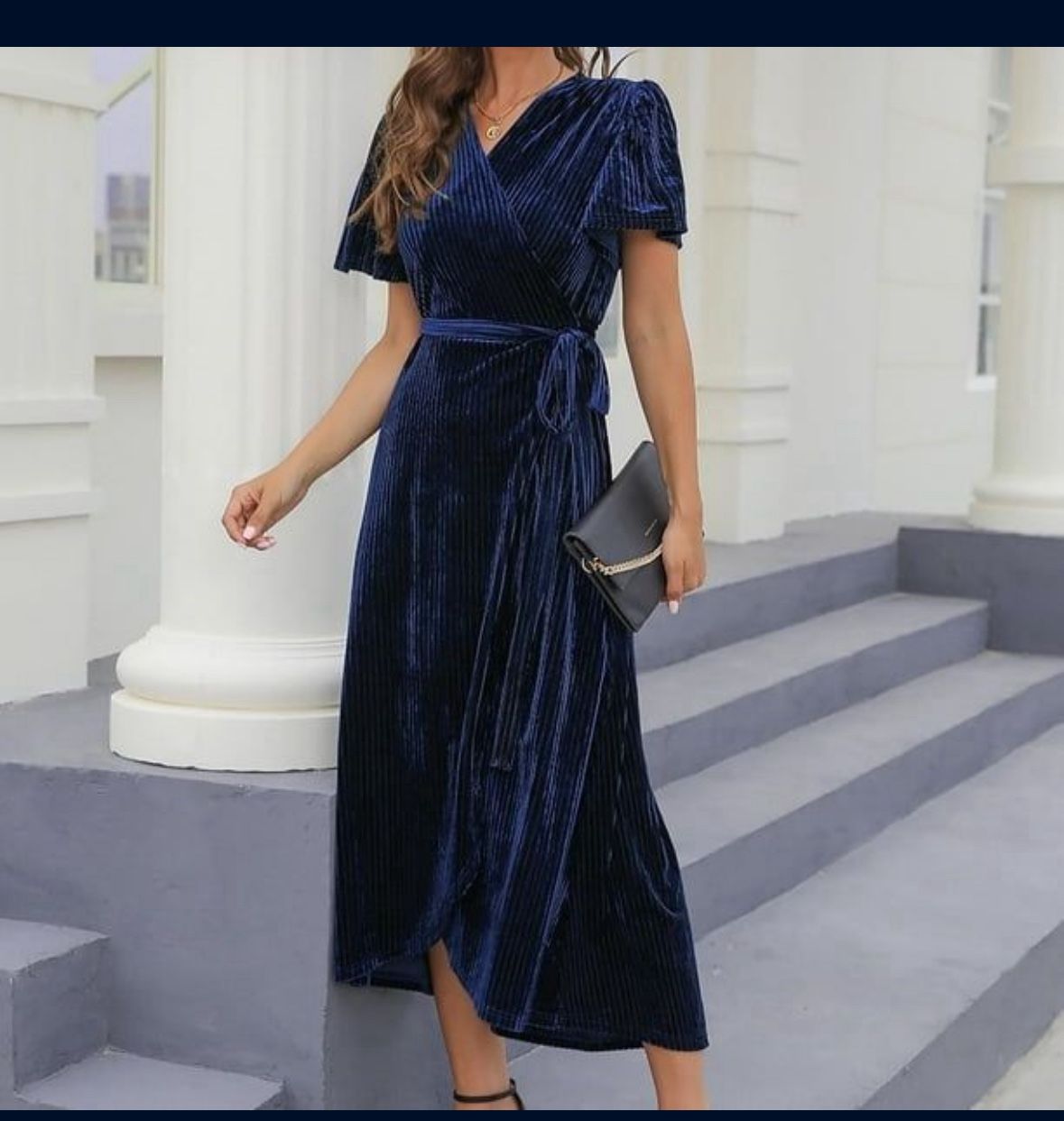 Women's Velvet V Neck Midi Dress Solid Short Sleeve Wrap Semi Formal Dress Solid Plain Cocktail Party