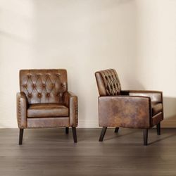 Yellowish Brown and Walnut Faux Leather Mid Century Modern Button Tufted Accent Chair with Wood Legs (Set of 2)