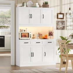 White Kitchen Buffet Hutch with LED Lighting & Outlets