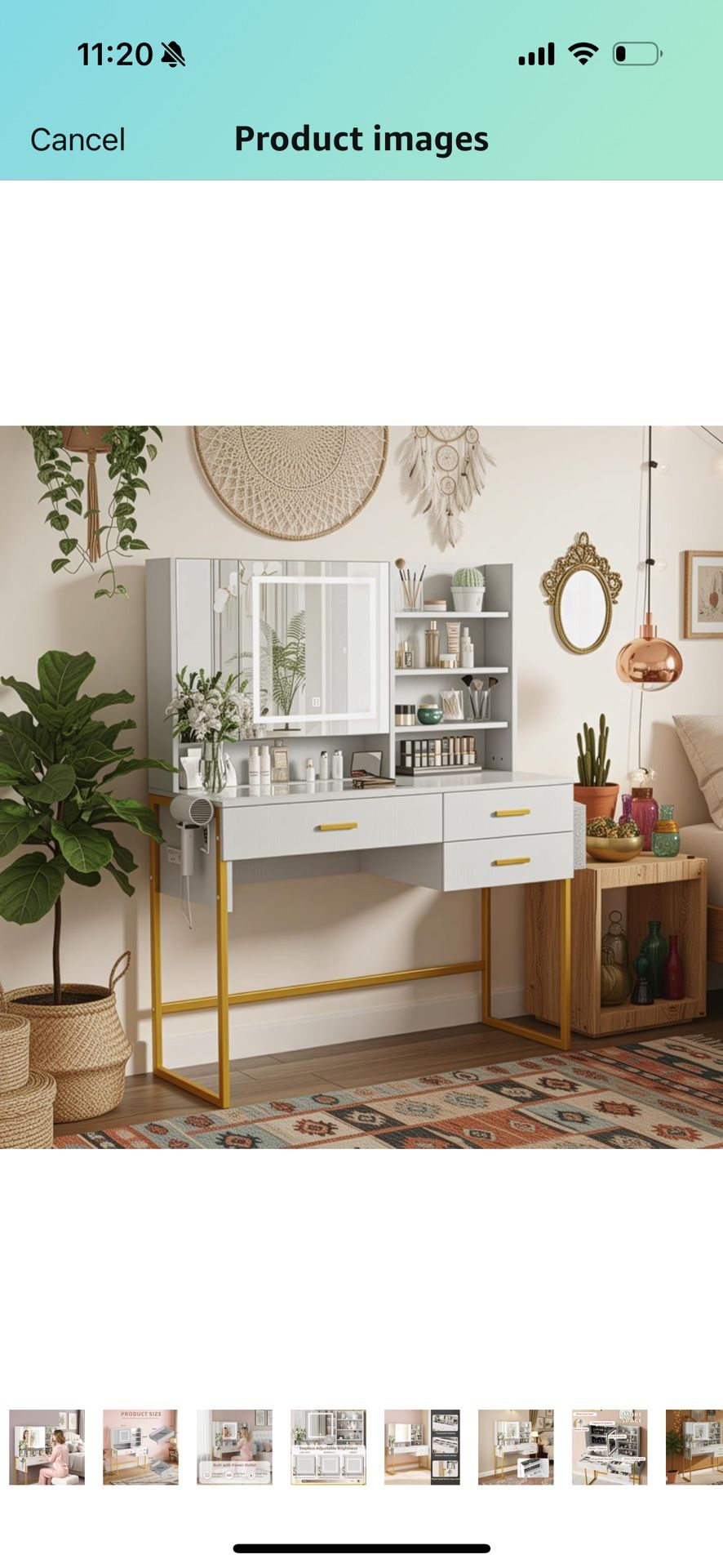 Vanity with Mirror and Adjustable LED Light Wooden White and Gold Vanity Desk with Glass Tabletop, Power Outlet, Storage Bag, 3 Drawers and 6 Storage 