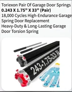 Toriexon Torsion Springs Pair 0.243 x 1.75" x 33" Steel Heavy Duty 18000 Cycles