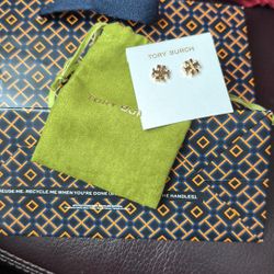Tory Burch Gold Logo Studs with dust bag tissue Shopping bag 