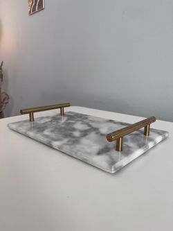 White & Gray Marble Serving Tray with Brass Handles
