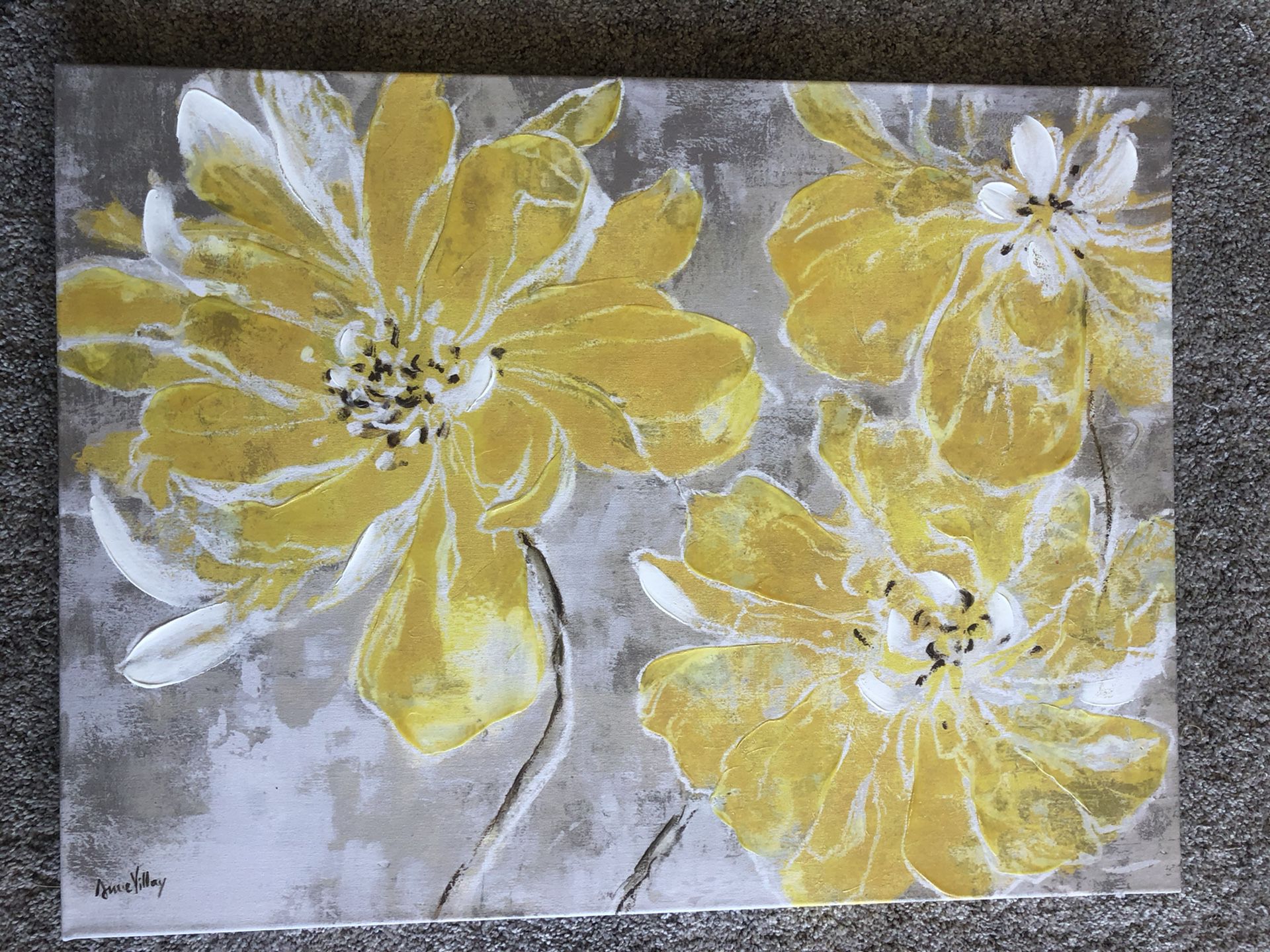 Large Painting Picture Wall Art of Yellow Flowers Grey Background 31.5” x 23.5” Floral Decor