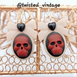 Handmade Skull Cameo Bow Earrings in Flesh Red and Black Hearts