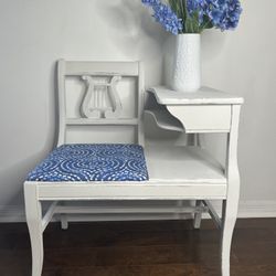 Gorgeous Blue And White Gossip Bench / Desk, New Fabric , Freshly Painted 