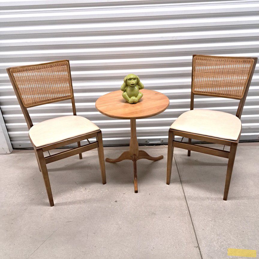 1960s Vintage Stakmore Cane Back Folding Chairs (2) and Small Round Wood Table -  (3pcs Set )