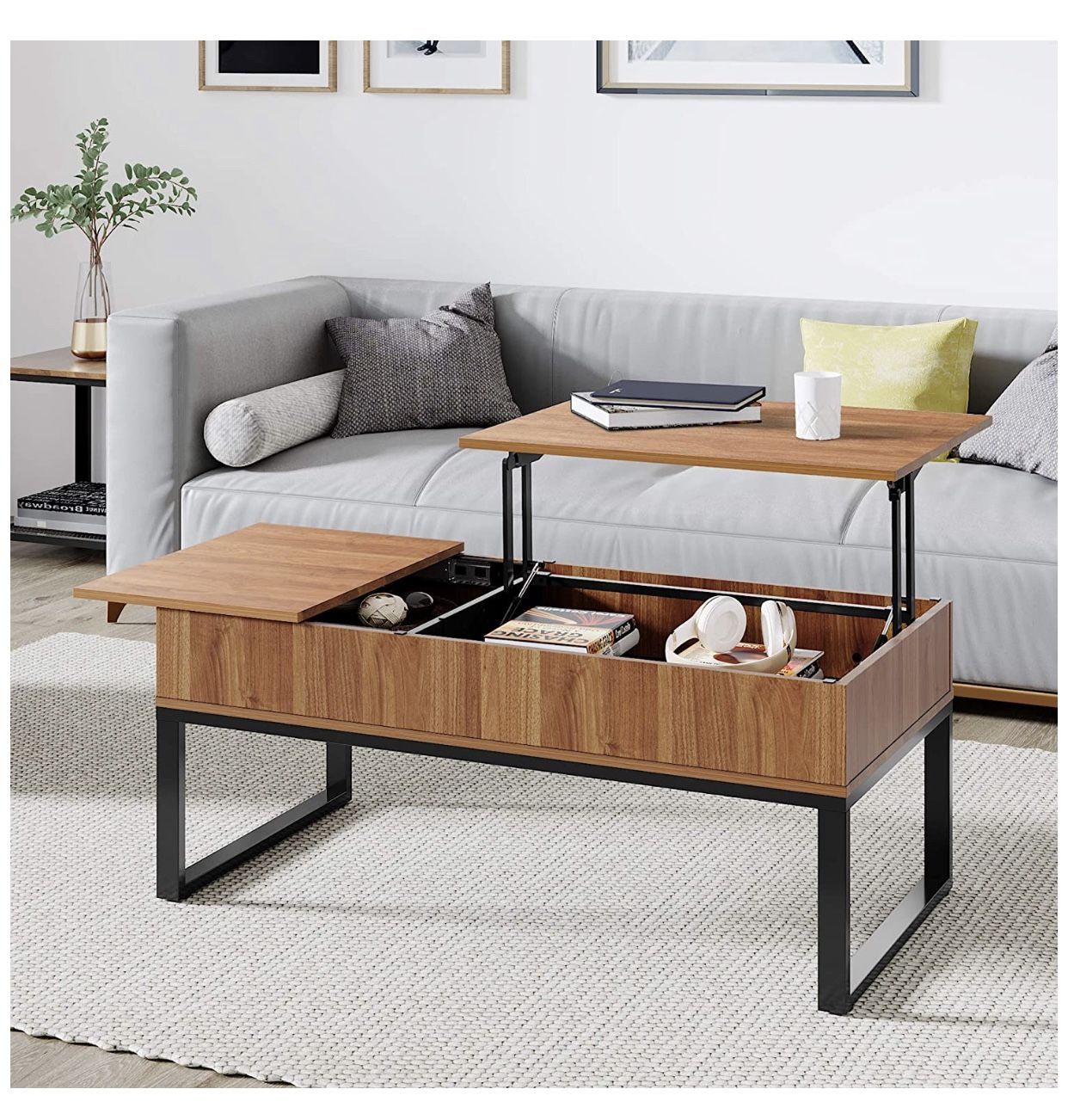 Wood Lift Top Coffee Table with Hidden Storage Compartment, Side Drawer and Metal Frame