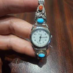 Vintage Sterling Silver Native American Style Watch – Turquoise & Coral