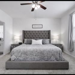 UPHOLSTERED BED - Tall Headboard - GREY 🩶🩶🩶