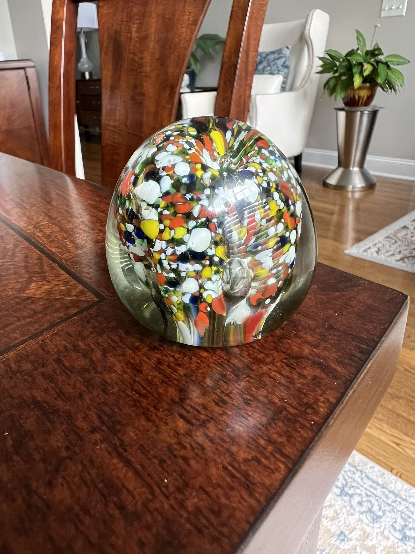 Vintage Abstract glass paperweight multicolor controlled bubble confetti blossom Vintage abstract art glass paperweight multicolor 2” dome controlled