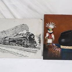 2 Paintings Kachina Doll & Railroad Train On Tracks 