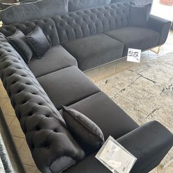 Furniture King Bella Black Velvet Tufted Large Comfy Luxury Sectional Sofa Couch With Metal Legs| Brand New Living Room Set|