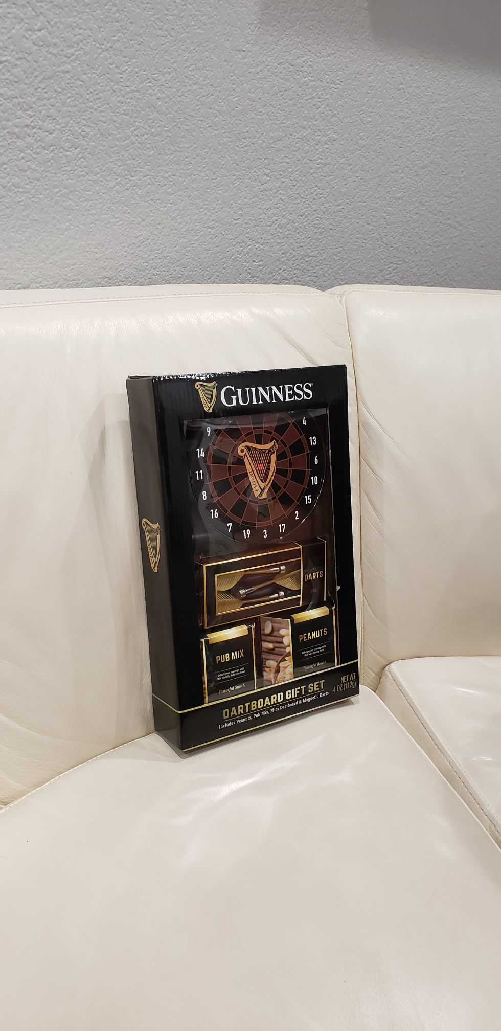 Guiness Irish beer dart board game gift set with dart board, magnetic darts, pub mix, peanuts