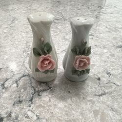 Vintage Ceramic  Salt & Pepper Shakers  White Vases with Pink Porcelain Roses