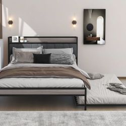 Merax Queen Size Metal Platform Bed Frame with Twin Size Trundle