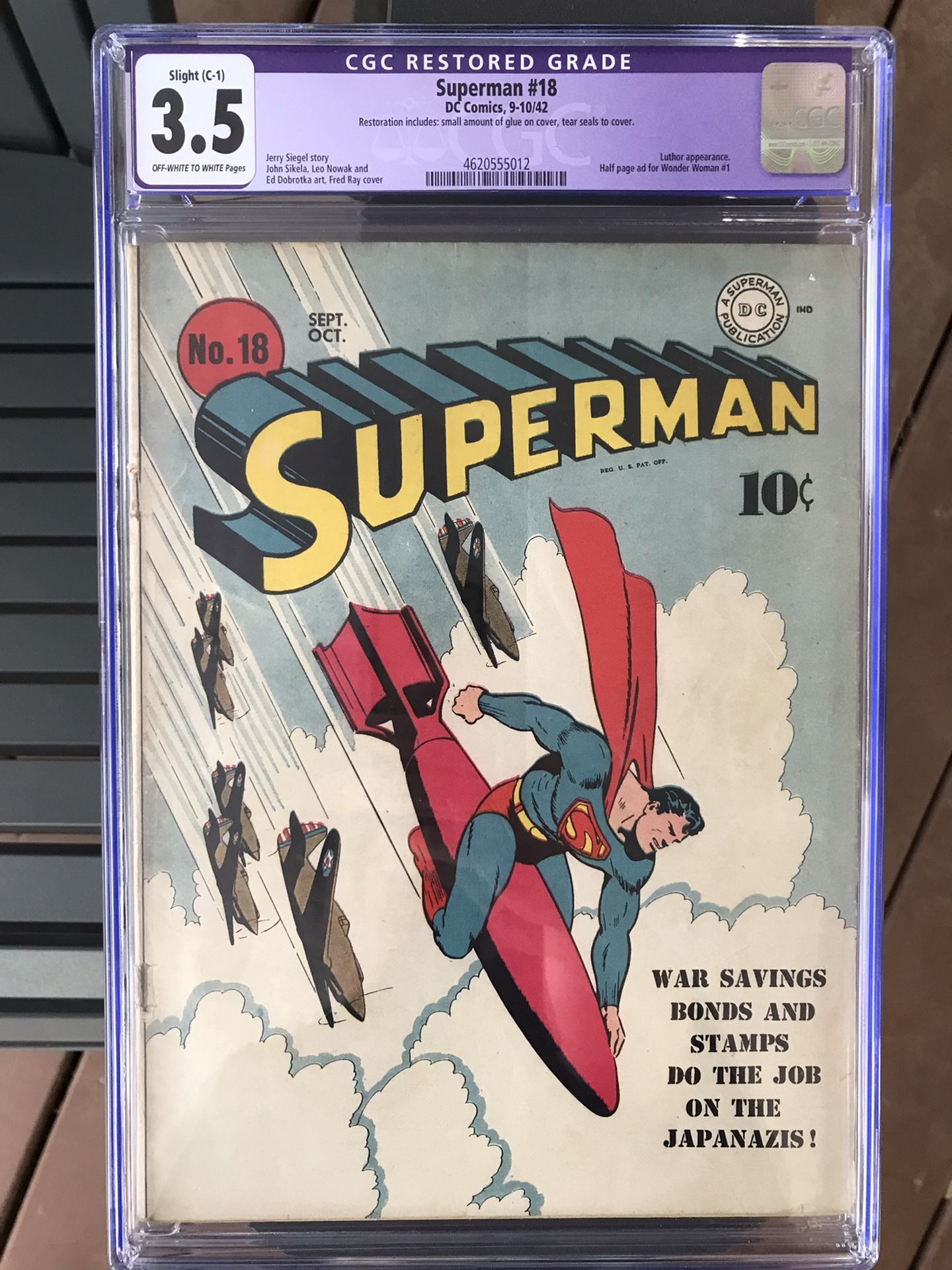 Superman #18 (1942) CGC 3.5 — Fred Ray WWII Cover; O/w to White Pages; Restored 