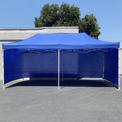 (NEW) $225 Heavy Duty 10x20 FT Canopy (with 4 Sidewalls) Ez Pop Up Outdoor Party Tent w/ Carry Bag (White/Blue) 