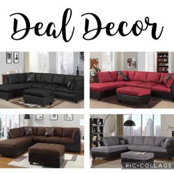 New L-Shaped, Microfiber, Sectional Sofa, Couch, Optional Ottoman, In Red, Black, Chocolate Brown, Tan