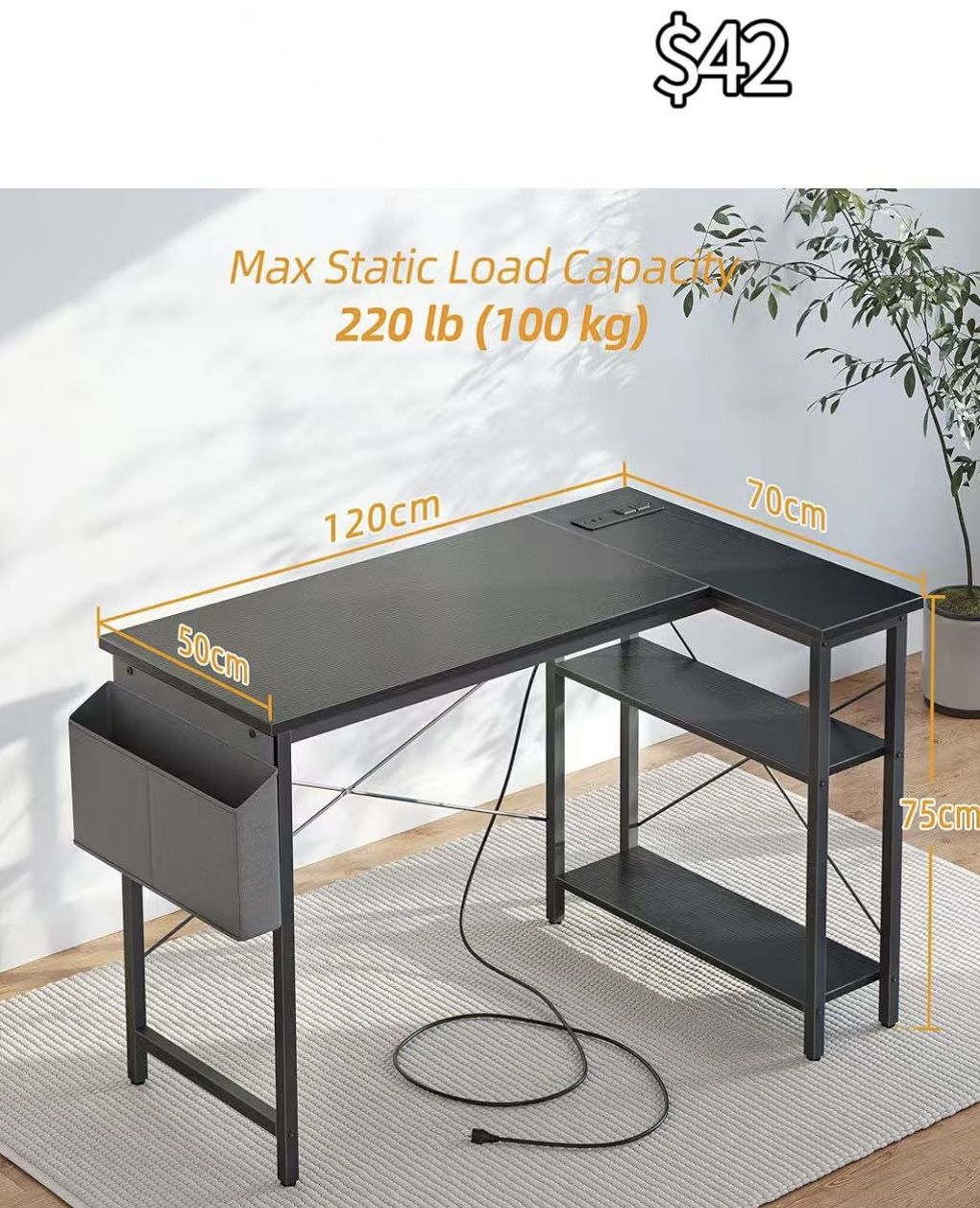 😀 L-Shaped Computer Desk with Power Outlets, 47 Inch Small Corner Desk with Reversible Shelves, Gaming Desk Computer Table Study Writing Table 