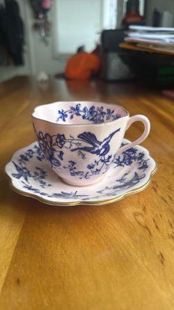 Pink teacup with blue bird design china