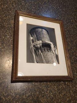 Framed and matted photo, ice-covered silo approx 12x15"