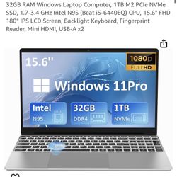  32GB RAM Windows Laptop Computer, 1TB M2 PCIe NVMe SSD, 1.7-3.4 GHz Intel N95 (Beat i5-6440EQ) CPU, 15.6" FHD 180° IPS LCD Screen, Backlight Keyboard