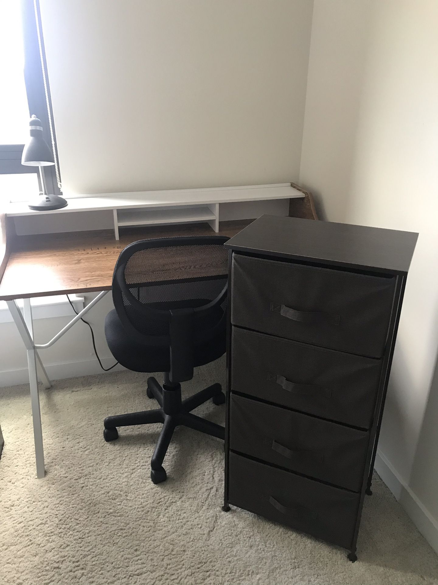 Dresser, desk, office chair, desk lamp