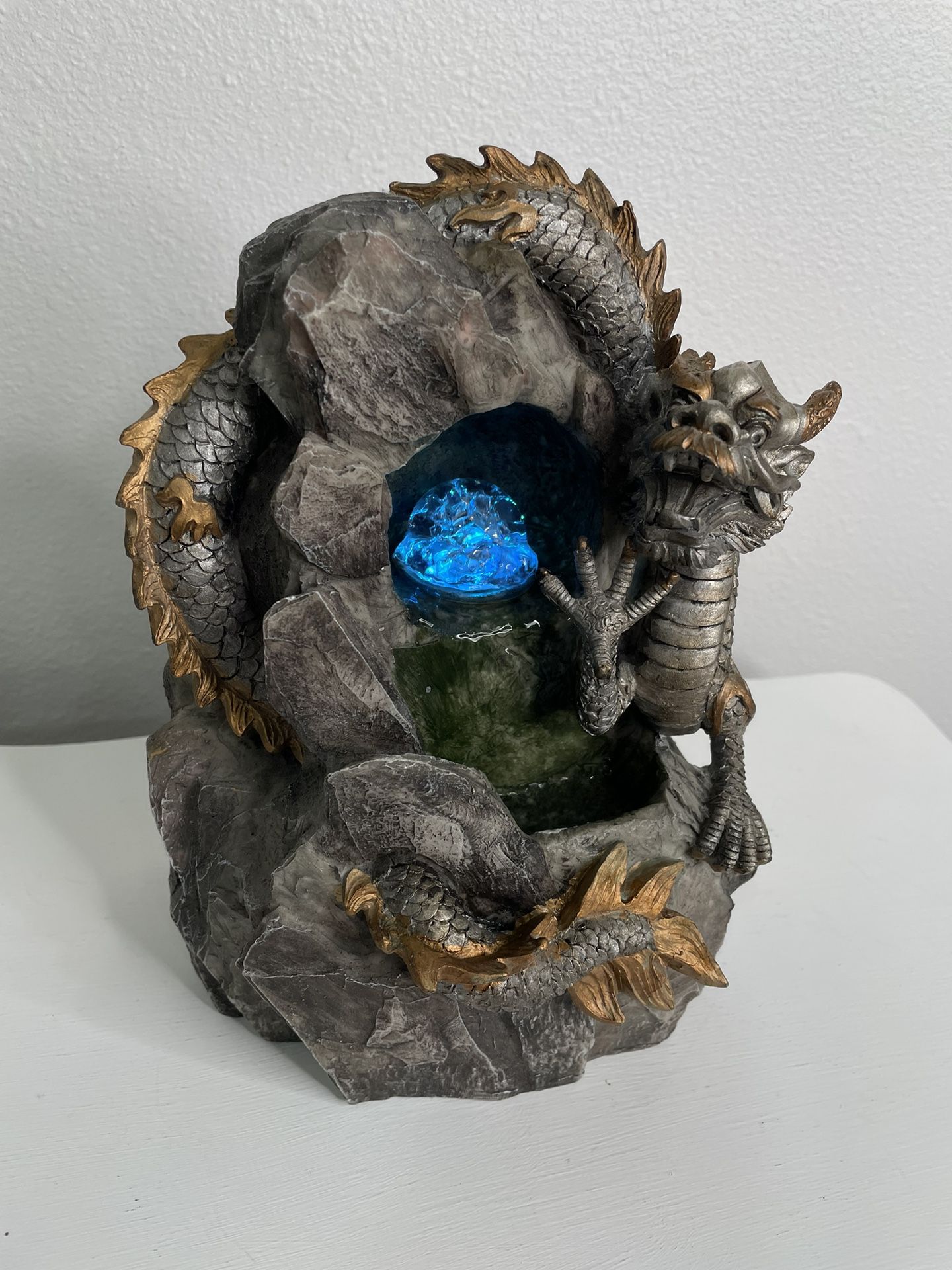 Small Silver/Gold Dragon Rock Cave  Crystal Ball Water Fountain - Changes Colors - Kids Room Decor Home Decor 