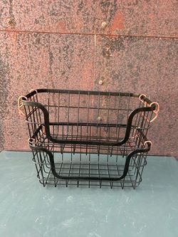 Set of 2 Stackable Black Wire Storage Baskets with Rose Gold Metal Handles