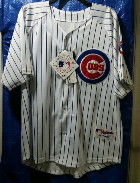 NEW NEVER USED SIZE 50 CHICAGO CUBS WHITE WITH BLUE PINSTRIPE JERSEY WITH TAGS, FINAL PRICE $45.00 NOTHING LESS WAS $95.00