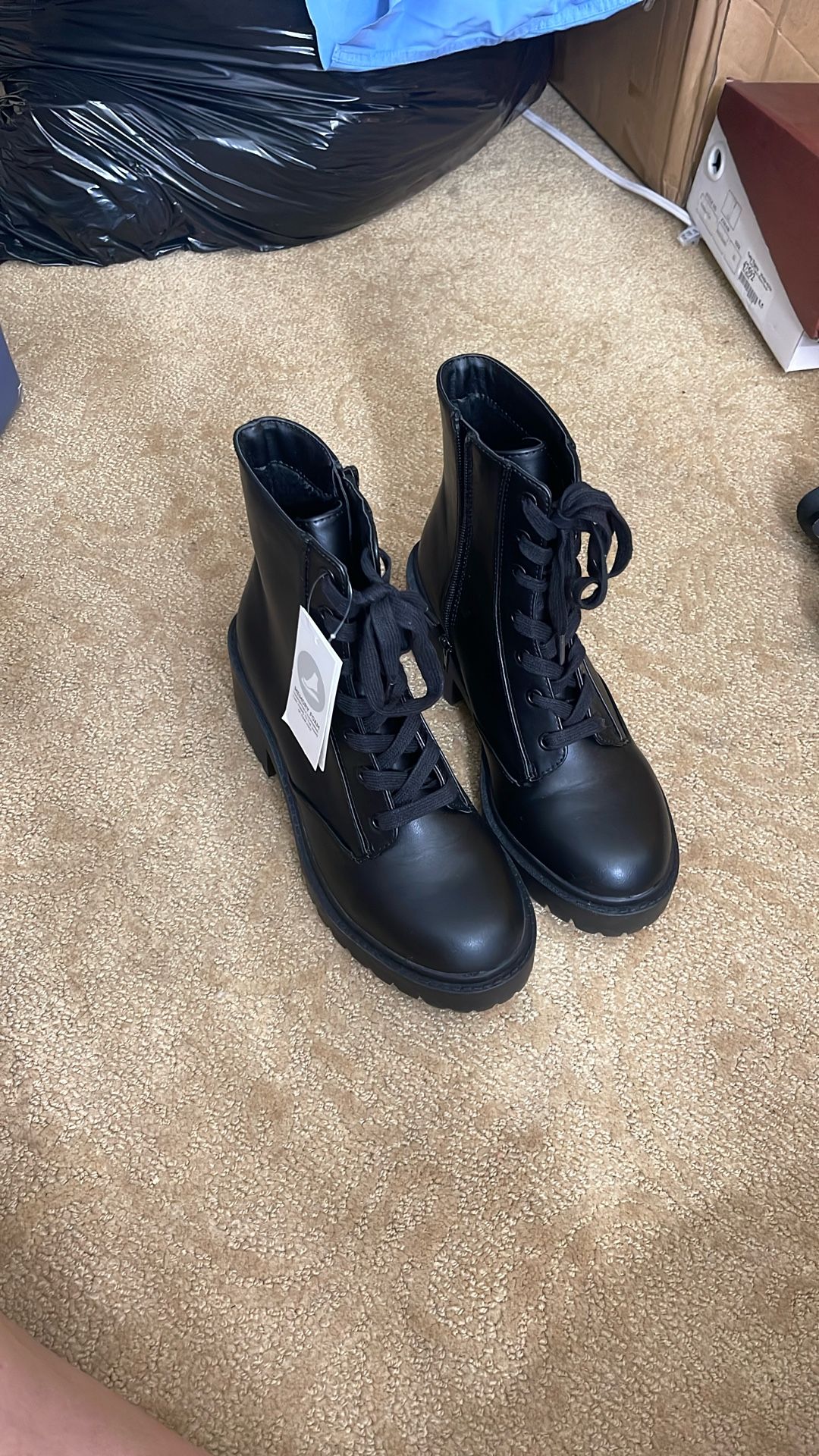 Brand New Memory Foam Black Faux Leather Military Style Boots W Tags