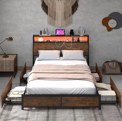 Full Bed Frame with LED Lights Headboard and 4 Storage Drawers, Metal Platform Bed with Outlets and USB Ports Charging Station, Smart LED Bed Frame, E