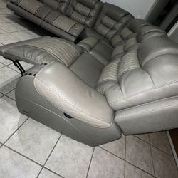 Sofa Sectional  Grey Leather With 3 Recliners 