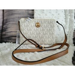 Michael Kors Crossbody Sling Bag Fulton Monogram Design Vanilla Acron