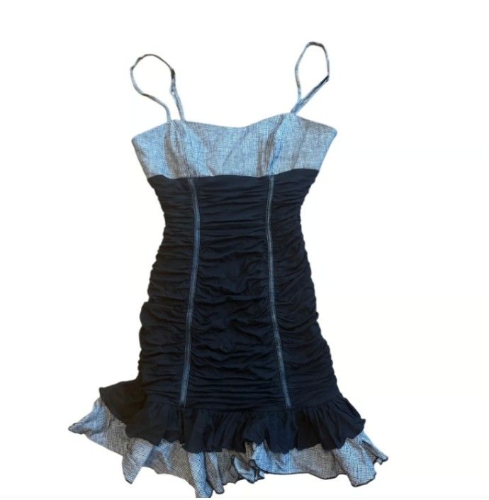 NWT Bebe Vintage Y2K Black and White Shirred Bodice Corset Ruffle Dress 4 RARE
