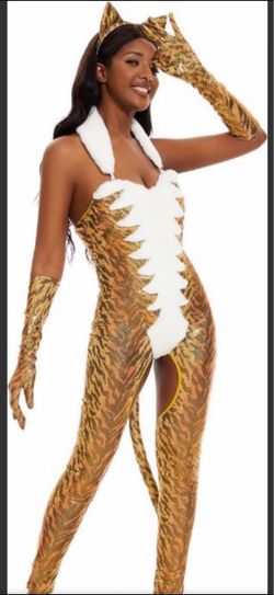 (1) Sexy Tiger Adult Women’shu Brown, White Bodysuit Costume SZ M