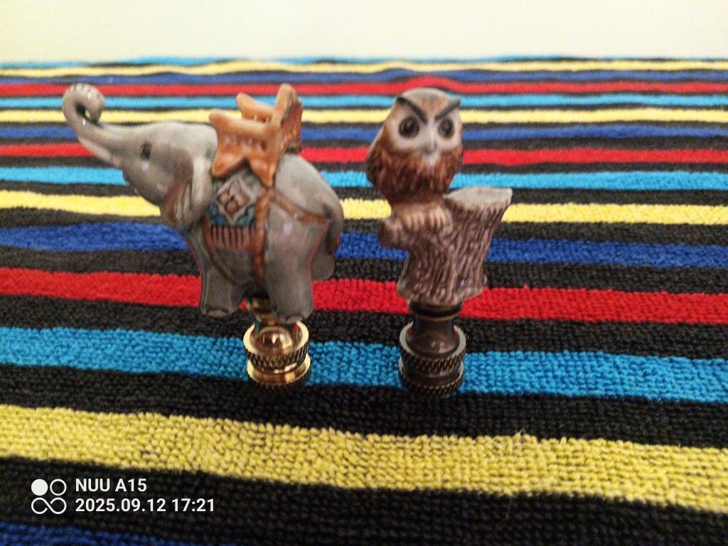 1 Vintage Nos Porcelain Owl Lamp Finial,And 1 Vintage Elephant Calalon Porcelain Lamp Finisl