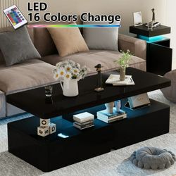 Easoger Modern Stylish Coffee Table with 16 Colors LED Lights, Double-Layer Design for Living Room, Black High Gloss Acrylic