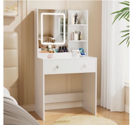 White Vanity Desk with LED Mirror and Storage