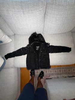 Size 7/8 Justice Girls Black Puffer Jacket with Faux Fur Hood